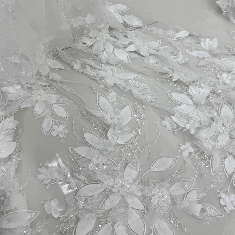 Embroidery Net Fabric - Heavy Beaded 3D Flower Lace Fabric