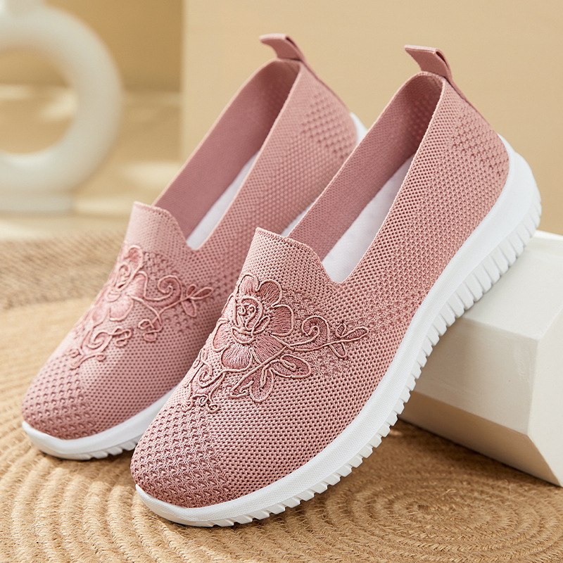 Embroidery Knit - Flower Embroidery Knit Mesh Slip On