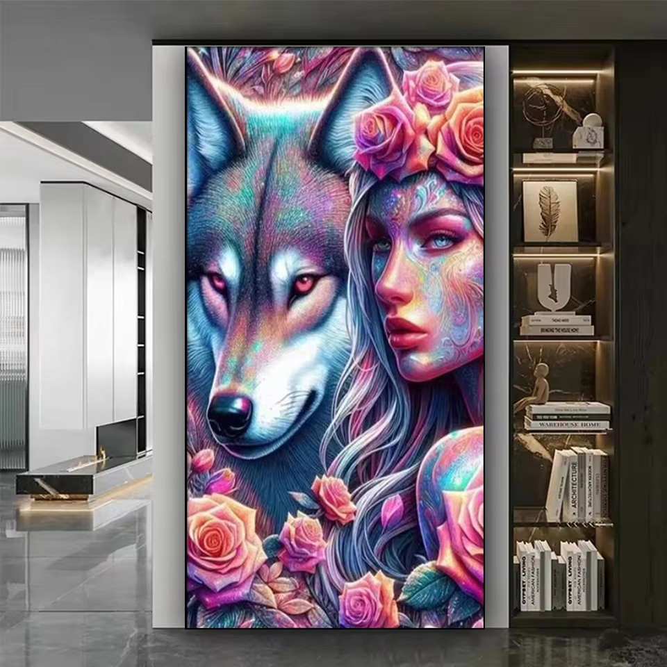 Embroidery Rose Stitch - Rose Woman And Wolf Diy Diamond