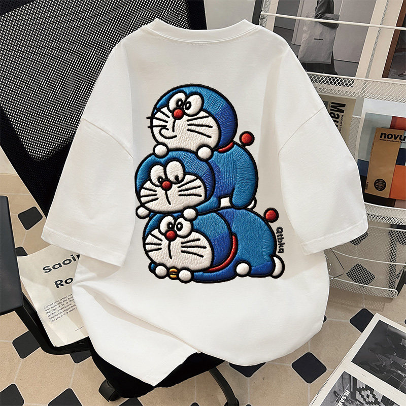 Embroidery Knit - Doraemon Cartoon Imitation Embroidery T-shirt Short-Sleeved