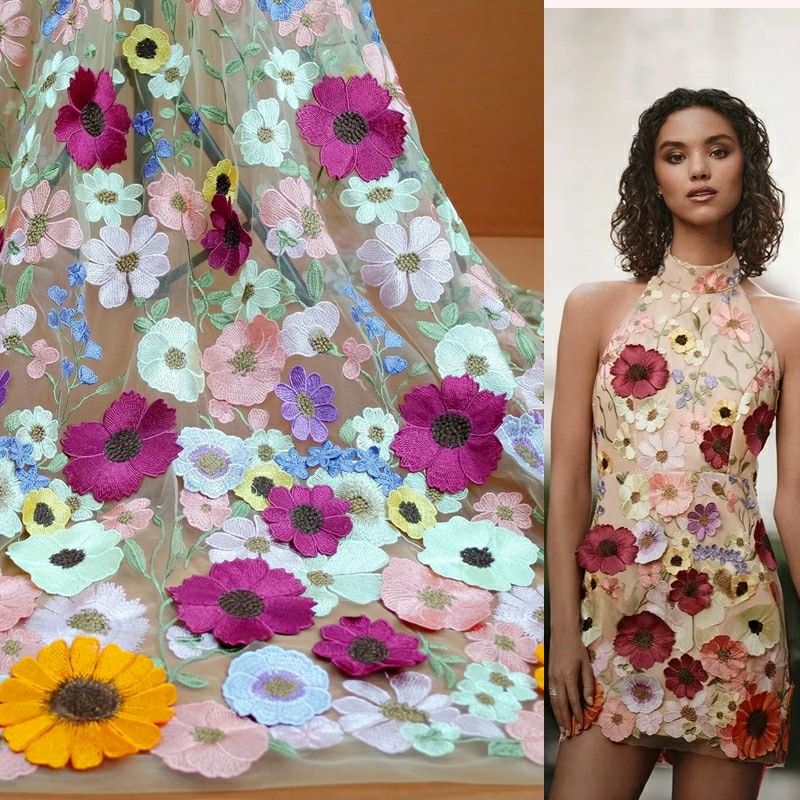 Embroidery Net Fabric - Colorful 3D Flower Lace Fabric DIY