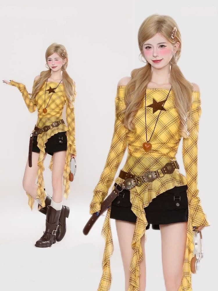 Y2K Plaid Slash Neck Vintage T - đánh giá và giá Embroidery Shirt