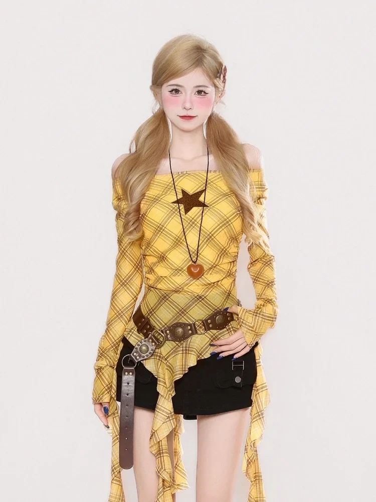 Y2K Plaid Slash Neck Vintage T - đánh giá và giá Embroidery Shirt