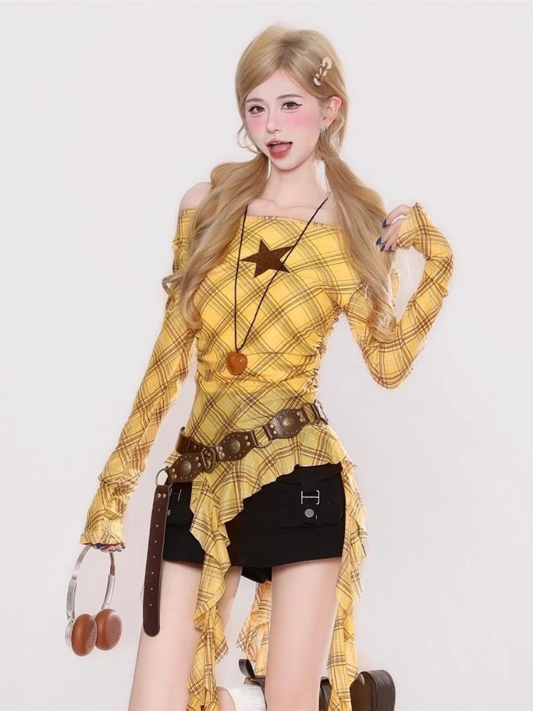 Y2K Plaid Slash Neck Vintage T - đánh giá và giá Embroidery Shirt