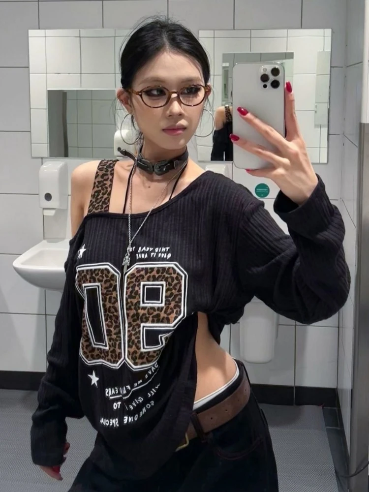 Y2K Patchwork Leopard Print T- - đánh giá và giá Embroidery Shirt