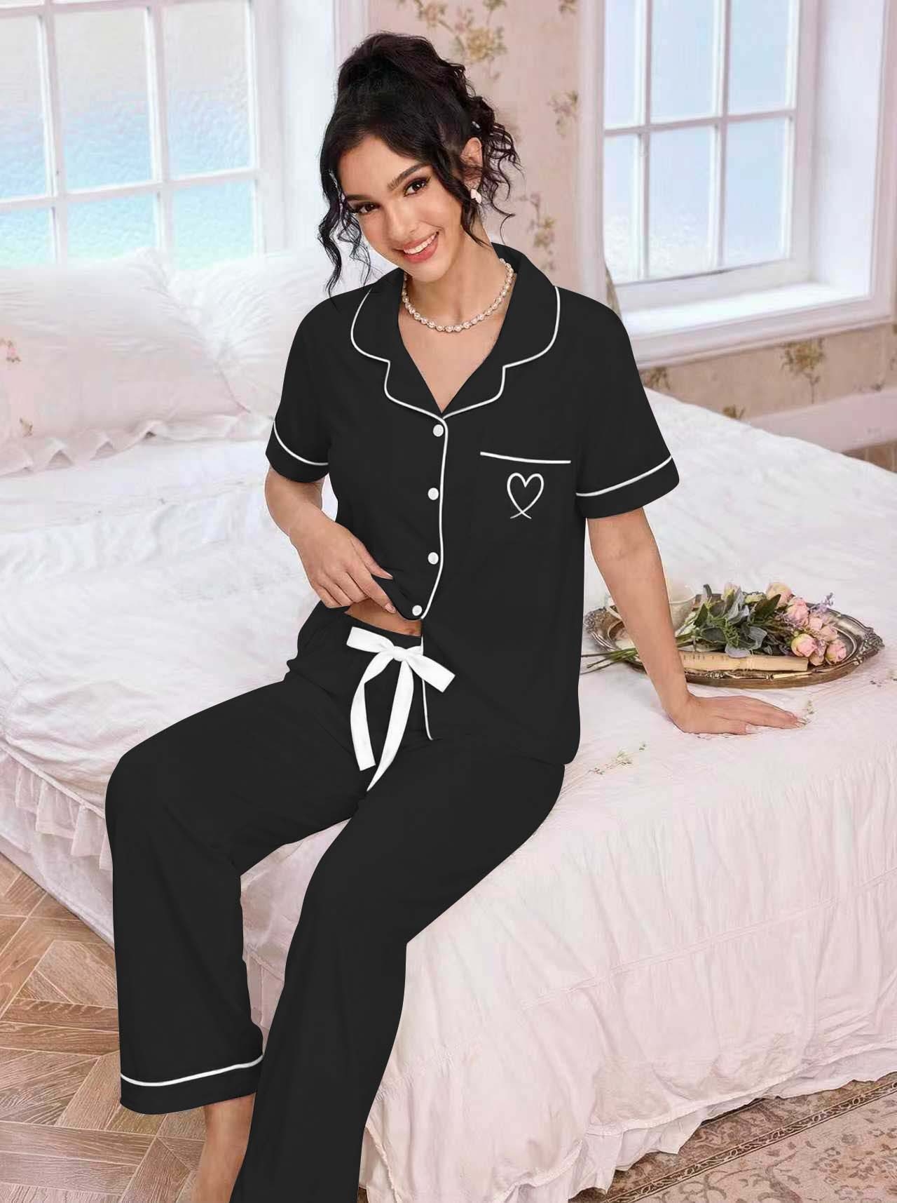 Women Lapel Pajamas Set Heart  - đánh giá và giá Embroidery In The Piece