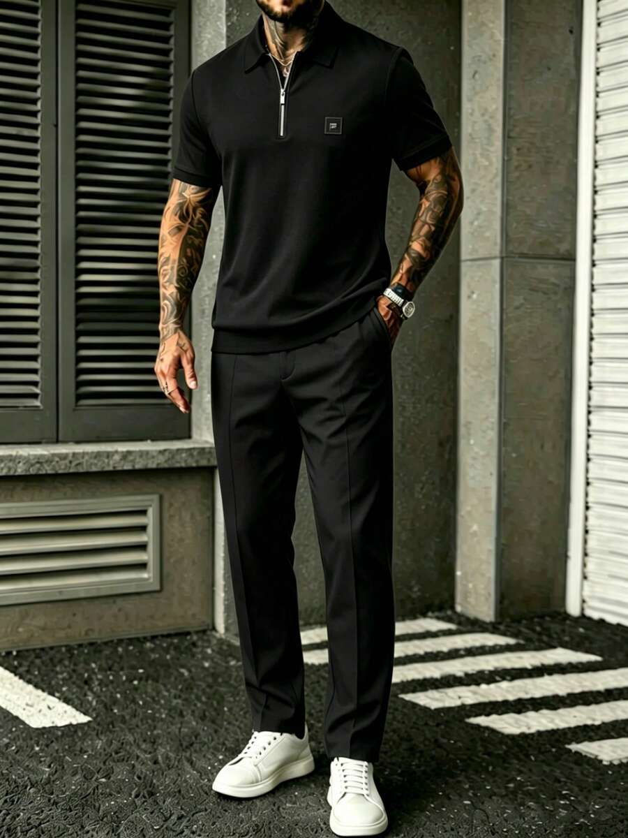Mens Black Quarter-Sleeve Zip- - đánh giá và giá Embroidery Shirt
